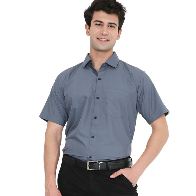 Men's grey half sleeve shirt with buttons, suitable for bartenders and hotel staff, featuring a single left pocket.