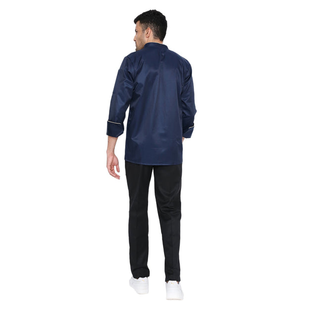 Back view of a man wearing a navy blue full sleeve chef coat, showcasing its stylish design and fit.