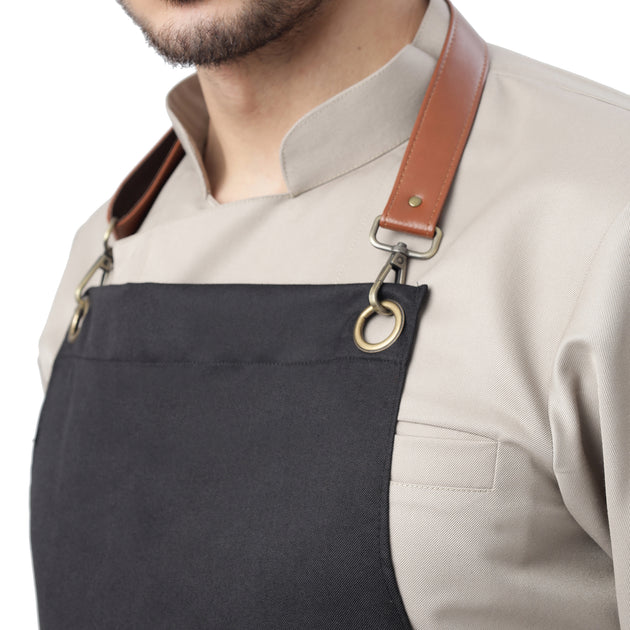 UWEARS CLASSIC BLACK KITCHEN APRON WITH BROWN LEATHER STRAP WITH ADJUSTMENT LOOP/BUCKLE