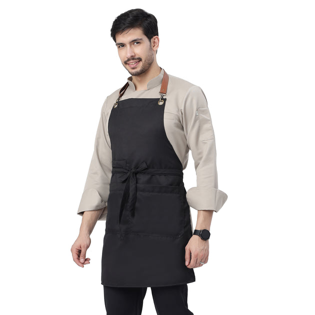 UWEARS CLASSIC BLACK KITCHEN APRON WITH BROWN LEATHER STRAP WITH ADJUSTMENT LOOP/BUCKLE