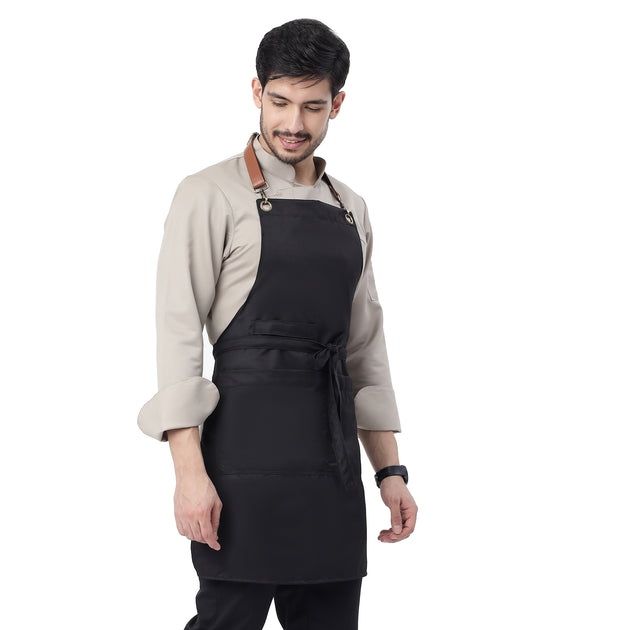 UWEARS CLASSIC BLACK KITCHEN APRON WITH BROWN LEATHER STRAP WITH ADJUSTMENT LOOP/BUCKLE