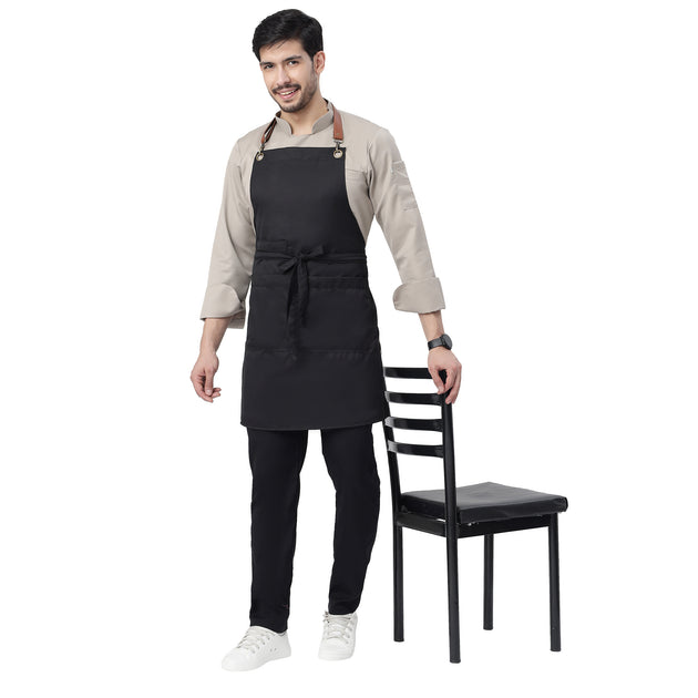 UWEARS CLASSIC BLACK KITCHEN APRON WITH BROWN LEATHER STRAP WITH ADJUSTMENT LOOP/BUCKLE