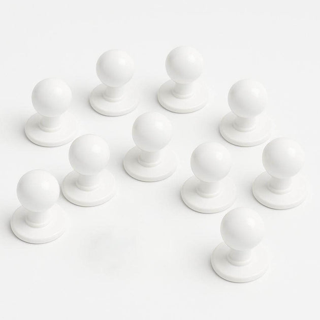 Set of ten white mushroom buttons for chef coats, customizable and durable for busy kitchens.