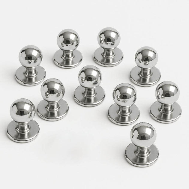 Set of 10 stainless steel mushroom buttons for chef coats, durable and easy to remove for quick cleaning.
