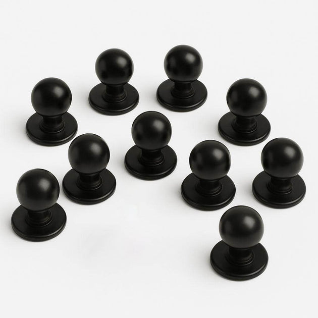 Set of 10 black mushroom buttons for chef coats, featuring a sleek design and easy removal for customization.