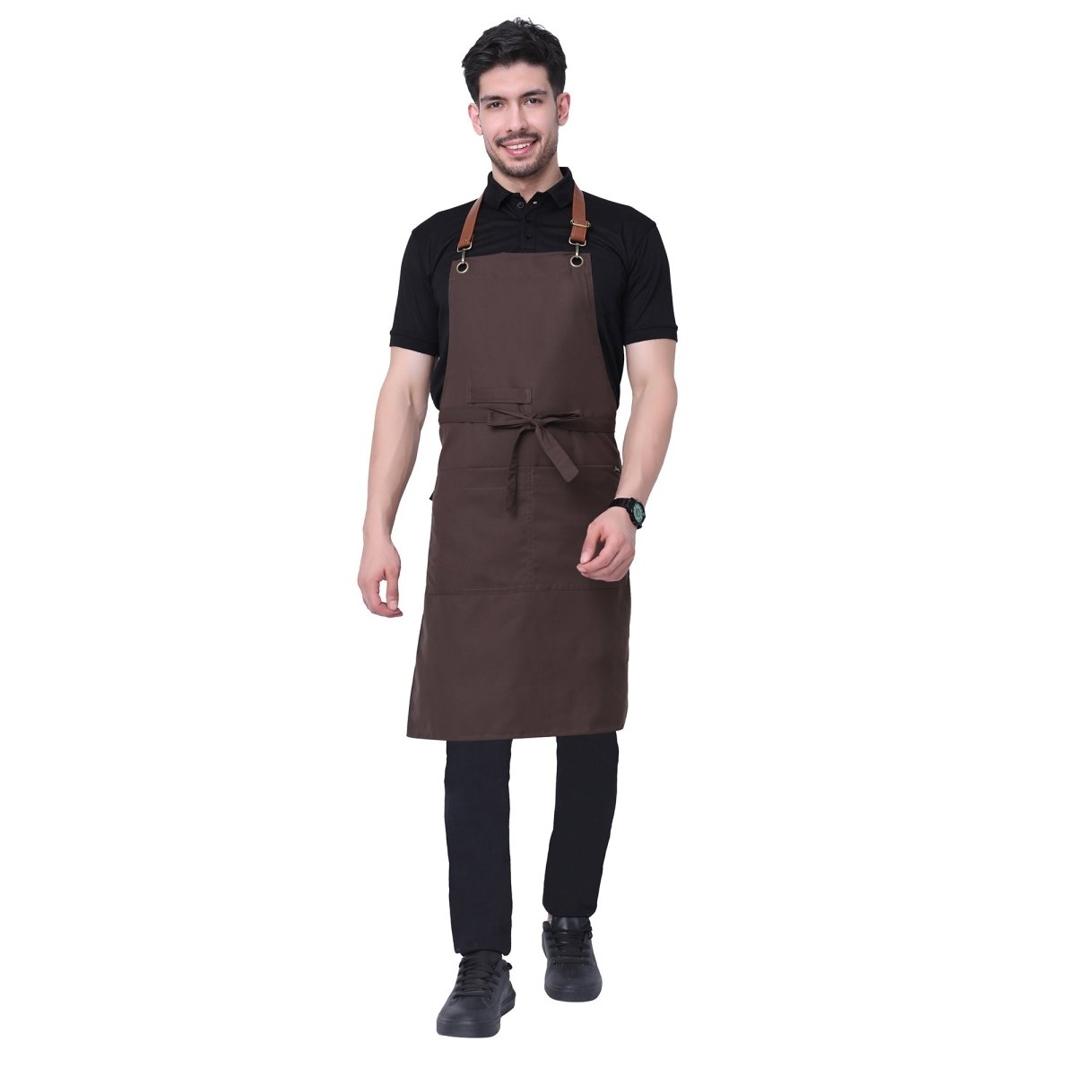 Coffee brown apron with leather strap front view — cafe and bar uniform India