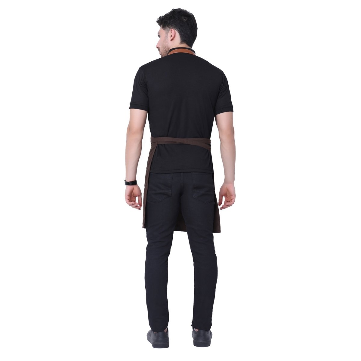 Coffee brown apron front pocket detail — spacious storage