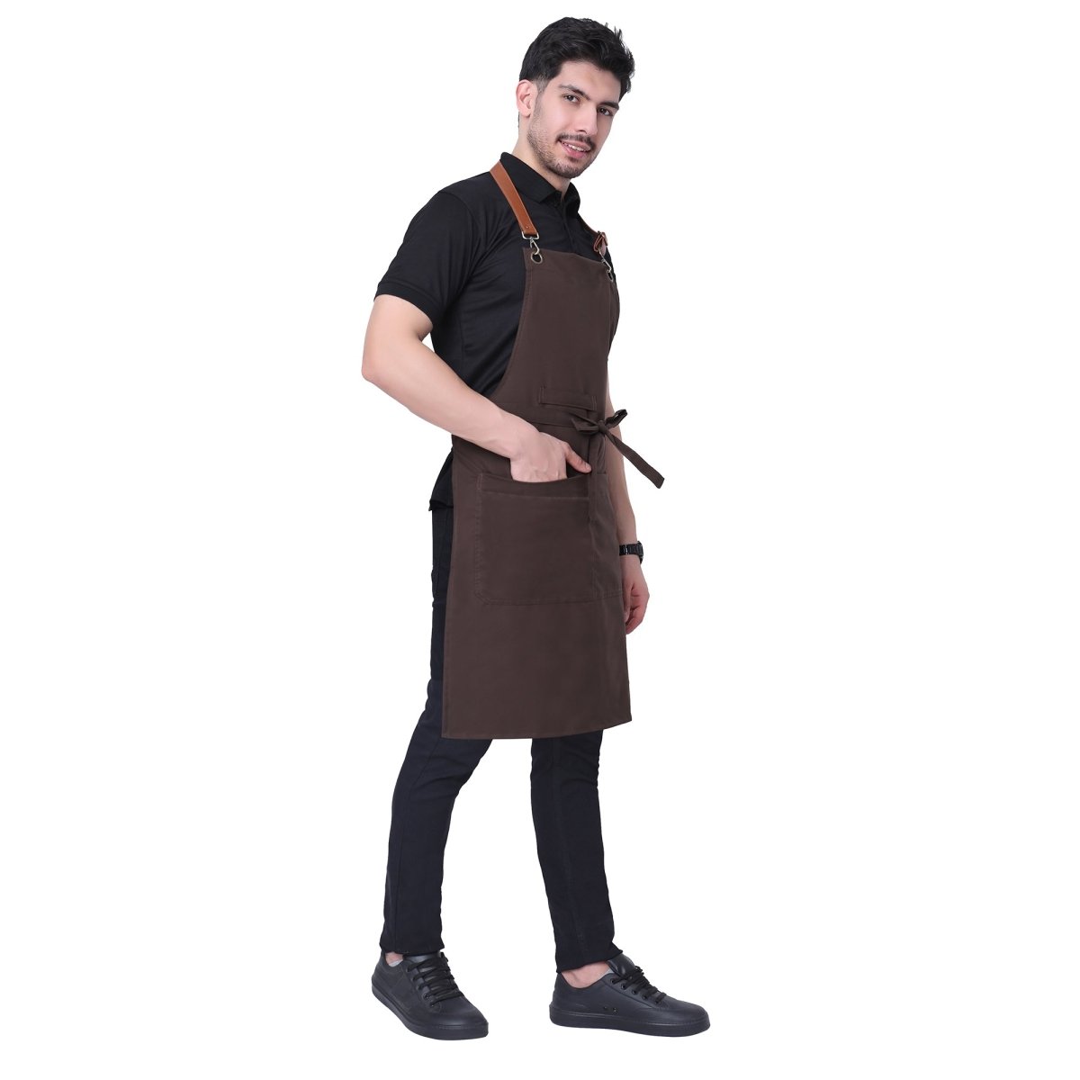 Coffee brown leather strap apron on model — barista and chef uniform