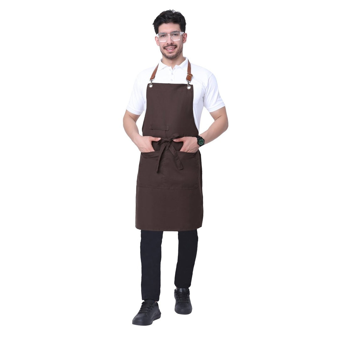 Coffee brown leather strap apron back view showing waist tie