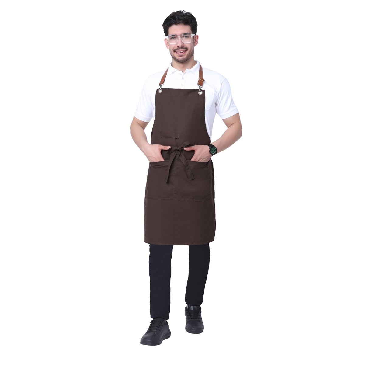 Coffee brown leather strap apron back view showing waist tie