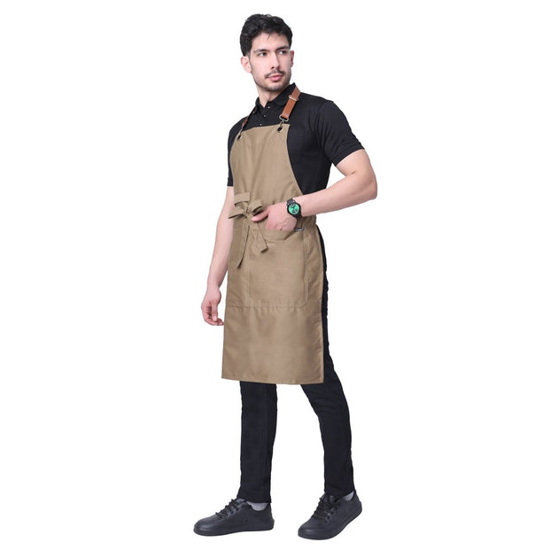 Classic Apron with Leather Strap (Khaki) - Free Embroidery - Uwears®