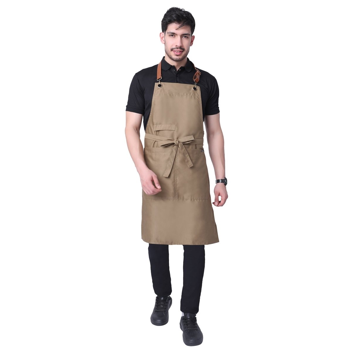 Khaki apron with leather neck strap front view — cafe and bar uniform India