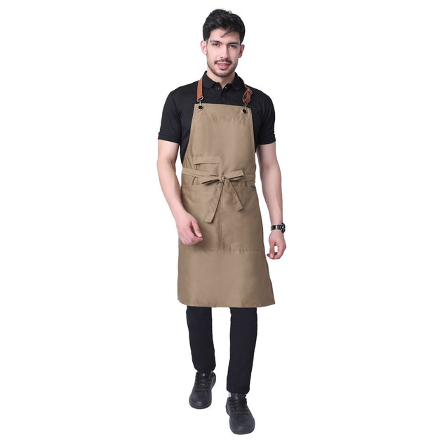 Classic Apron with Leather Strap (Khaki) - Free Embroidery - Uwears®