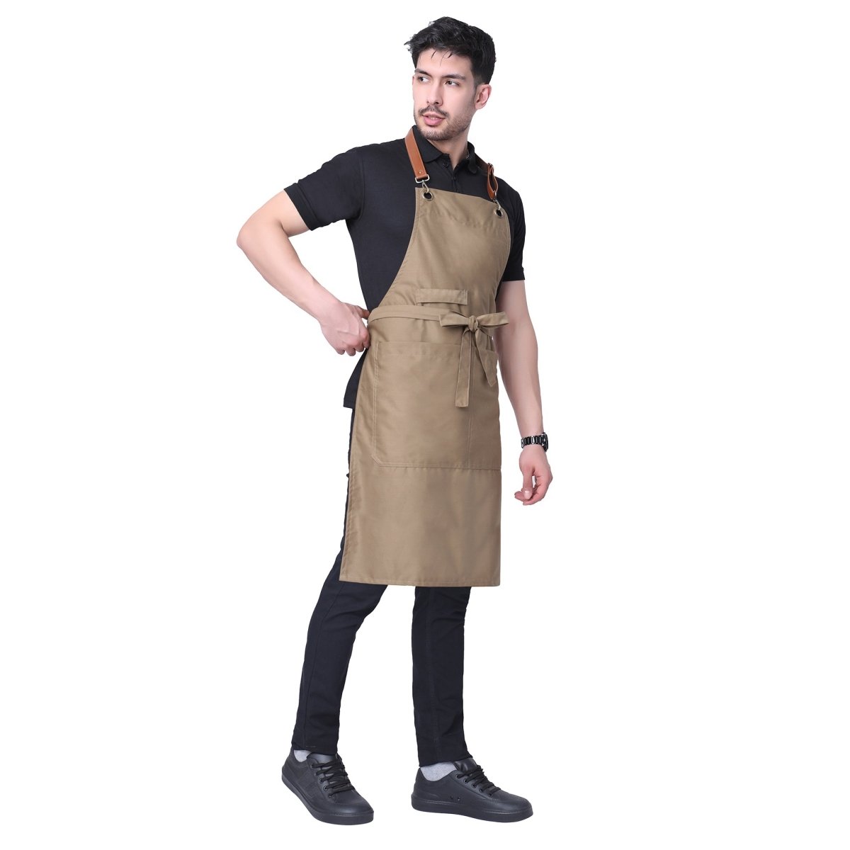 Khaki leather strap apron back view showing waist tie