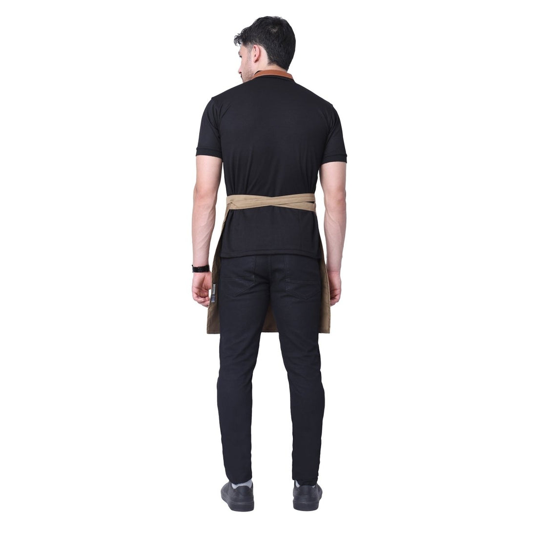 Khaki leather strap apron on model — barista and chef uniform