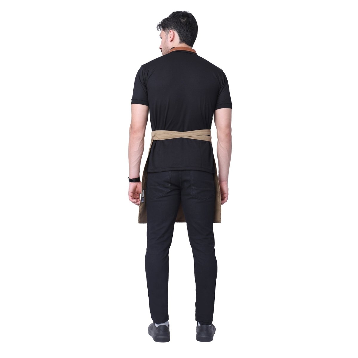 Khaki leather strap apron on model — barista and chef uniform