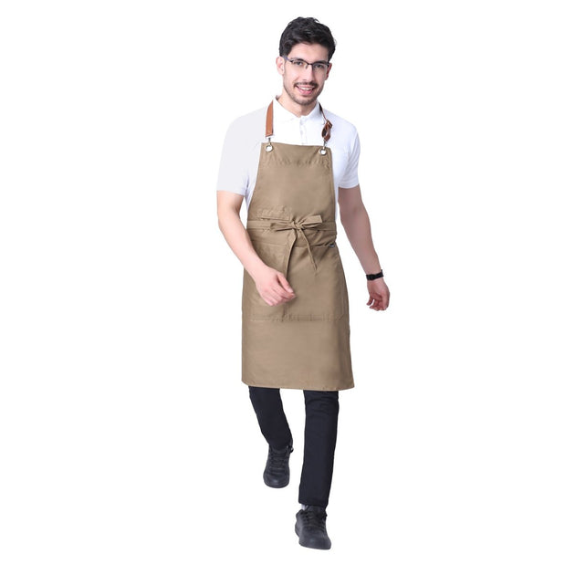 Classic Apron with Leather Strap (Khaki) - Free Embroidery - Uwears®