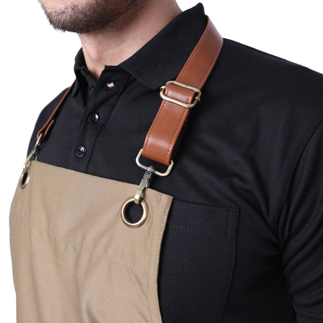 Custom embroidery on khaki leather strap apron — free logo embroidery India