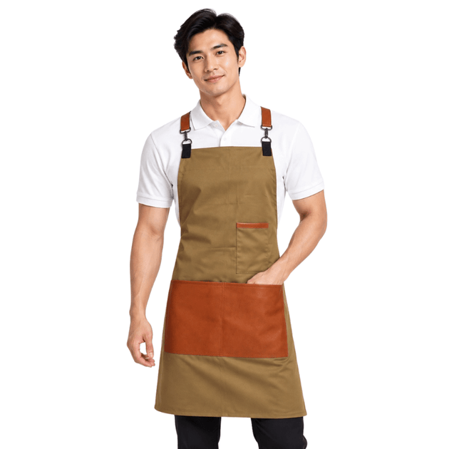 Classic CrossBack Apron with Leather Strap (Khaki) - Uwears®