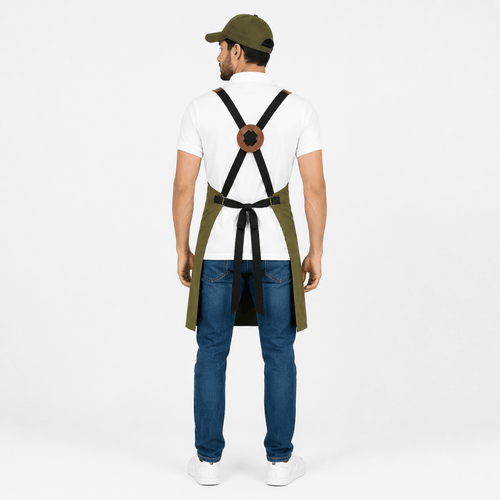 Classic CrossBack Apron with Leather Strap (Olive Green) - Uwears®