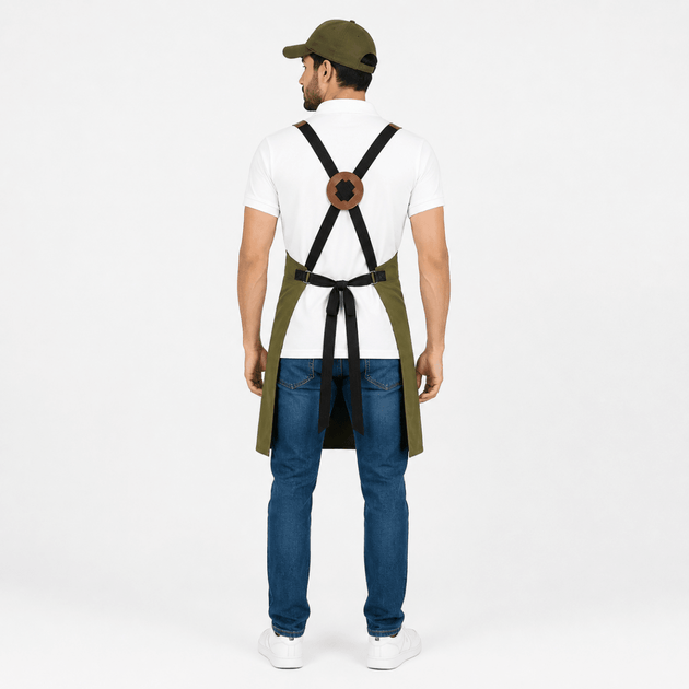 Classic CrossBack Apron with Leather Strap (Olive Green) - Uwears®