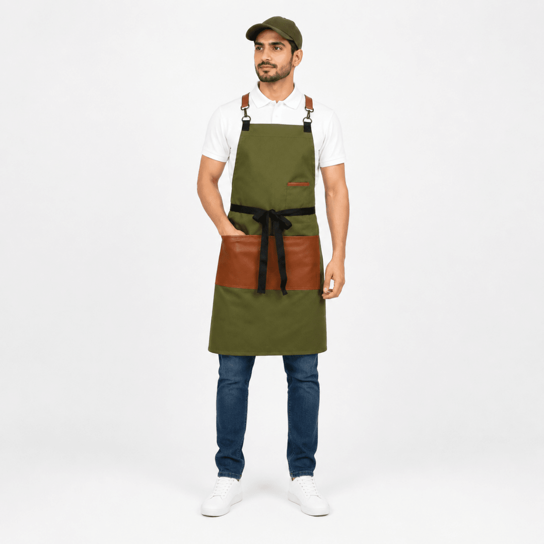 Classic CrossBack Apron with Leather Strap (Olive Green) - Uwears®