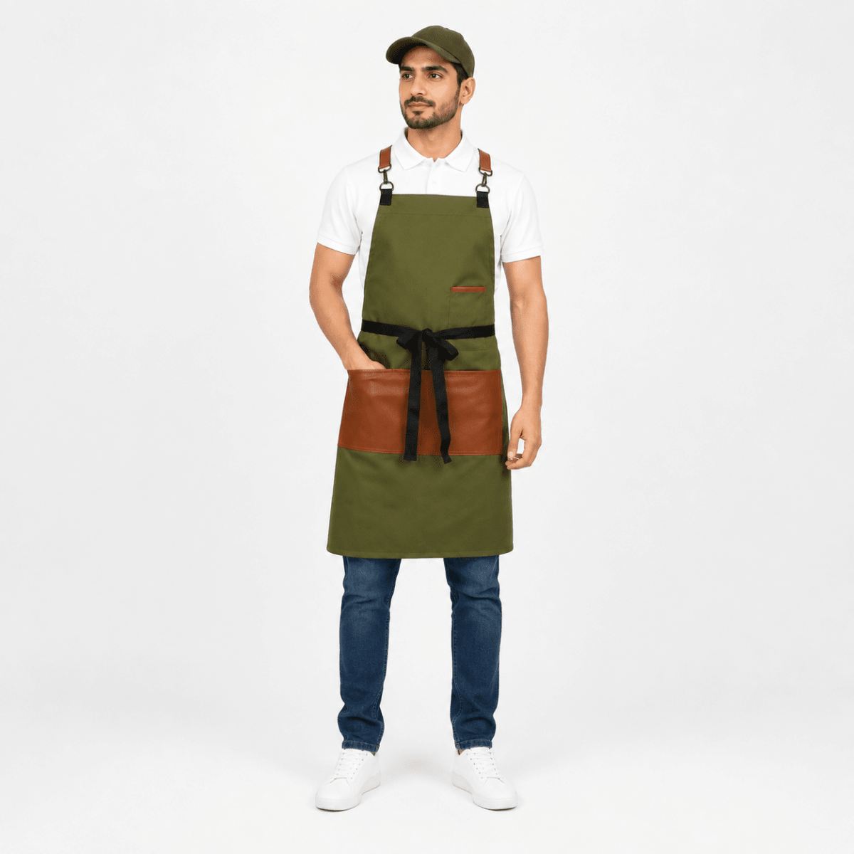 Classic CrossBack Apron with Leather Strap (Olive Green) - Uwears®