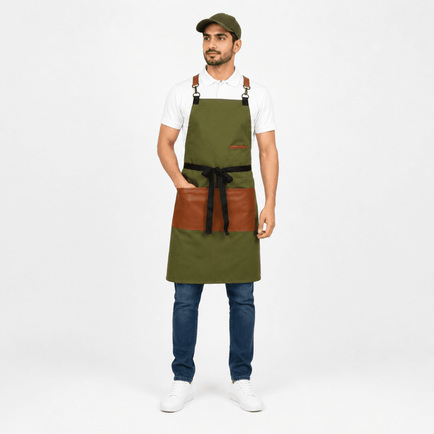 Classic CrossBack Apron with Leather Strap (Olive Green) - Uwears®