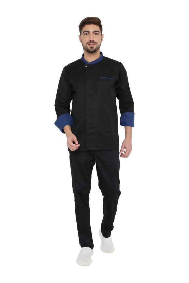 Classic Full Sleeve Chef Coat (Black/Blue) - Free Embroidery - Uwears®