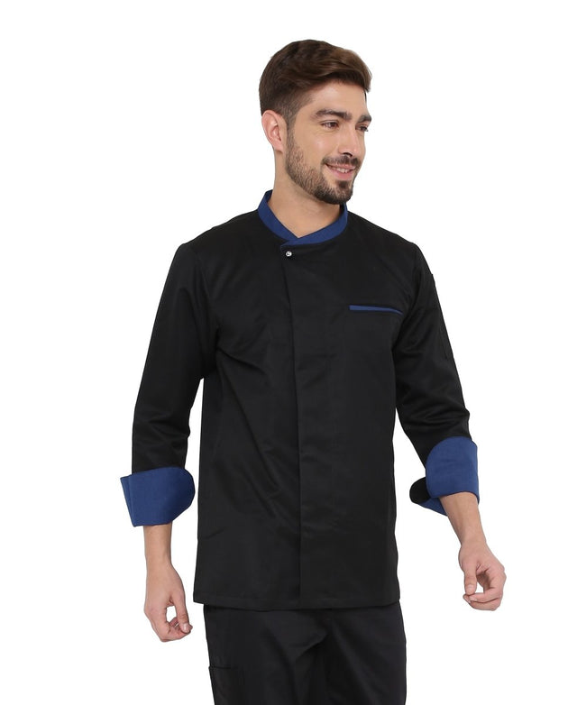 Classic Full Sleeve Chef Coat (Black/Blue) - Free Embroidery - Uwears®