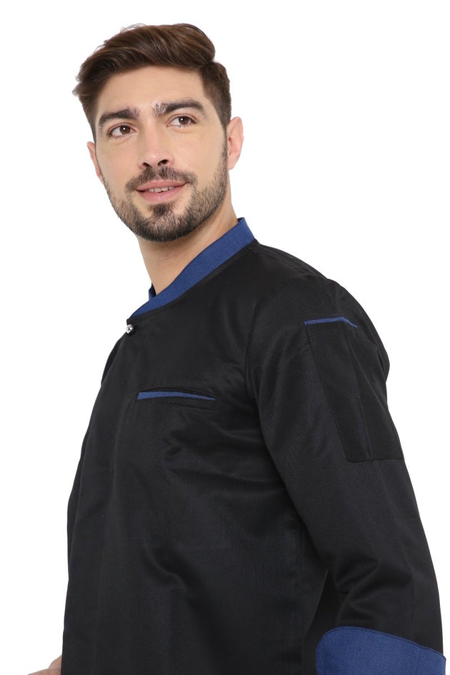 Classic Full Sleeve Chef Coat (Black/Blue) - Free Embroidery - Uwears®
