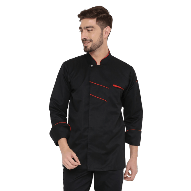 Classic Full Sleeve Chef Coat (Black/Red) - Free Embroidery - Uwears®