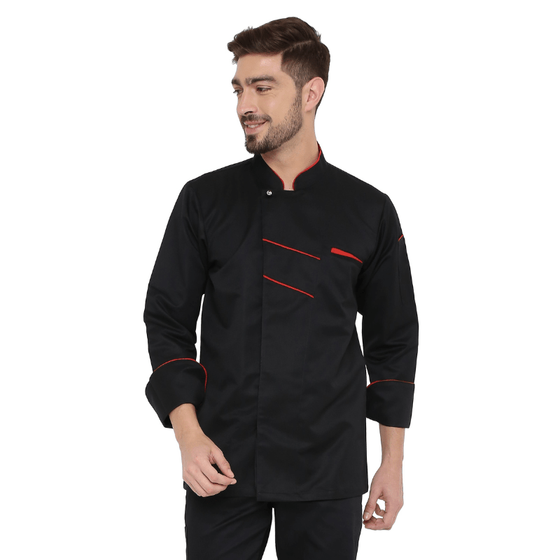 Classic Full Sleeve Chef Coat (Black/Red) - Free Embroidery - Uwears®