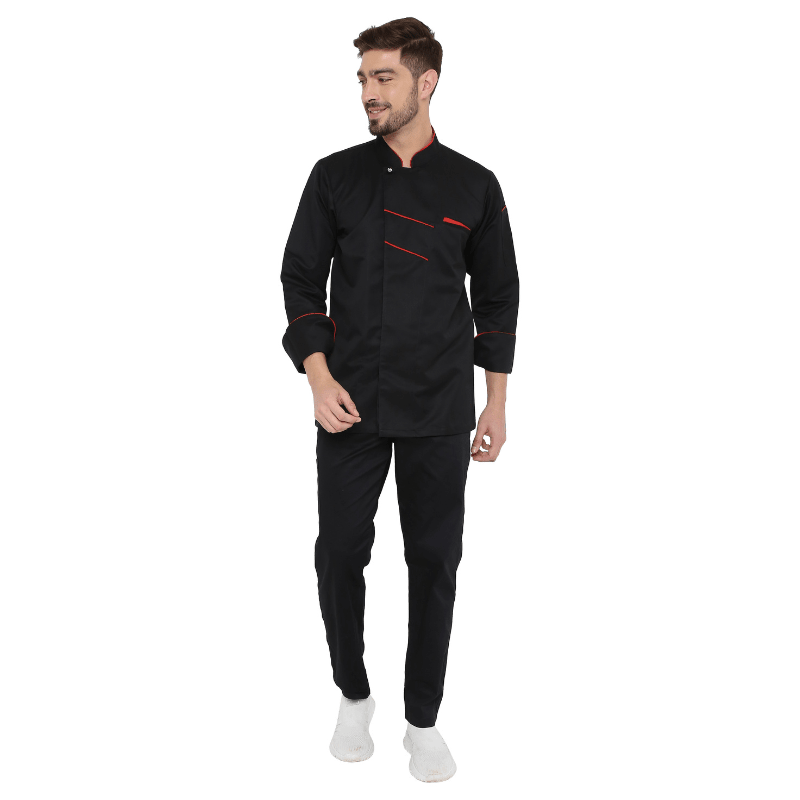 Classic Full Sleeve Chef Coat (Black/Red) - Free Embroidery - Uwears®