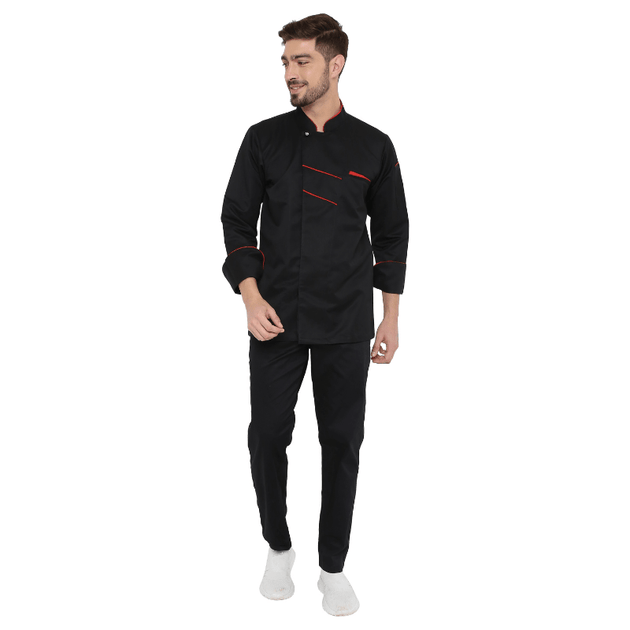 Classic Full Sleeve Chef Coat (Black/Red) - Free Embroidery - Uwears®
