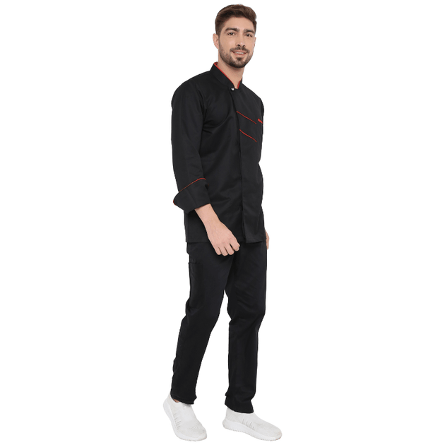 Classic Full Sleeve Chef Coat (Black/Red) - Free Embroidery - Uwears®