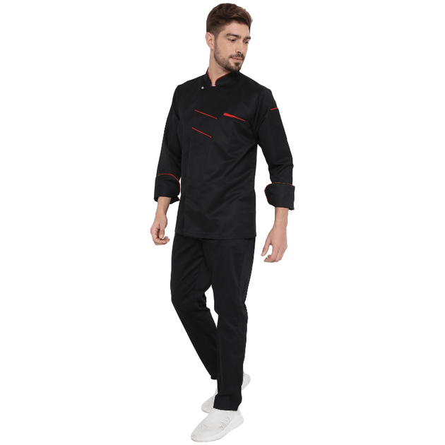 Classic Full Sleeve Chef Coat (Black/Red) - Free Embroidery - Uwears®
