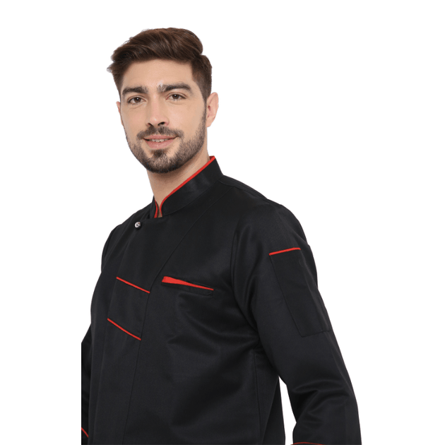 Classic Full Sleeve Chef Coat (Black/Red) - Free Embroidery - Uwears®