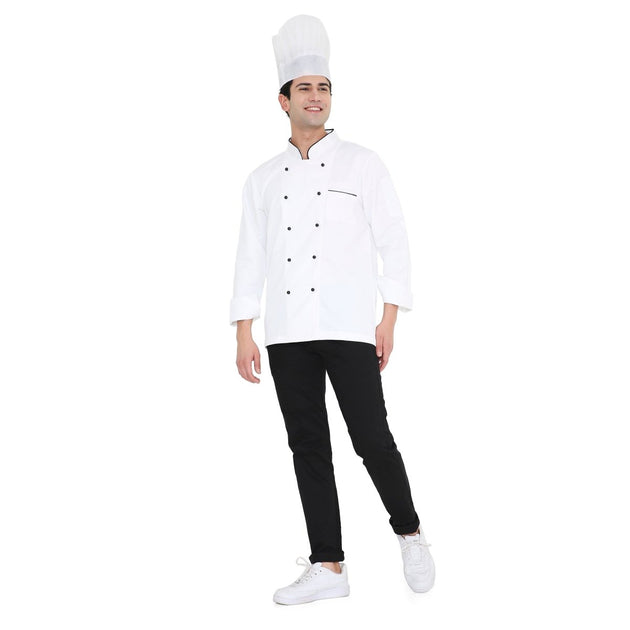 Classic Full Sleeve Chef Coat (White/Black) - Free Embroidery - Uwears®
