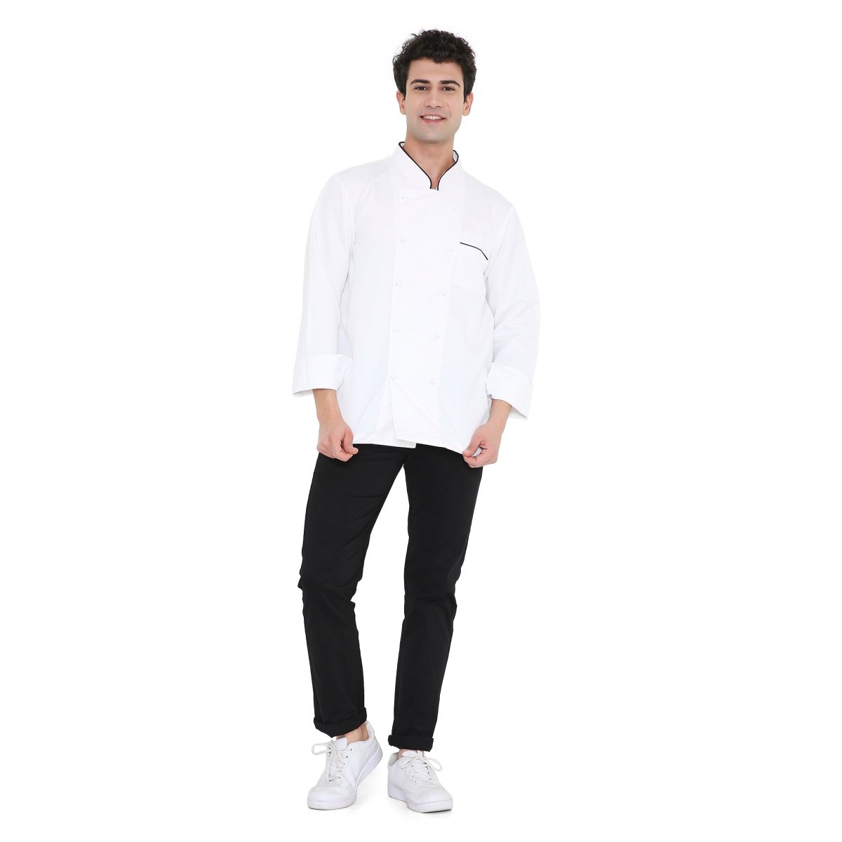 Classic Full Sleeve Chef Coat (White/Black) - Free Embroidery - Uwears®