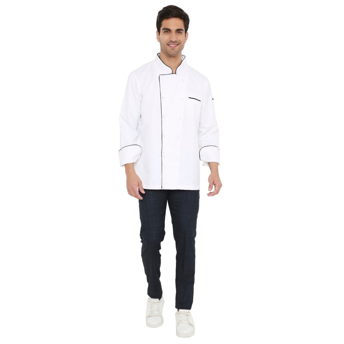 Classic Full Sleeve Chef Coat (White/Black) - Free Embroidery - Uwears®