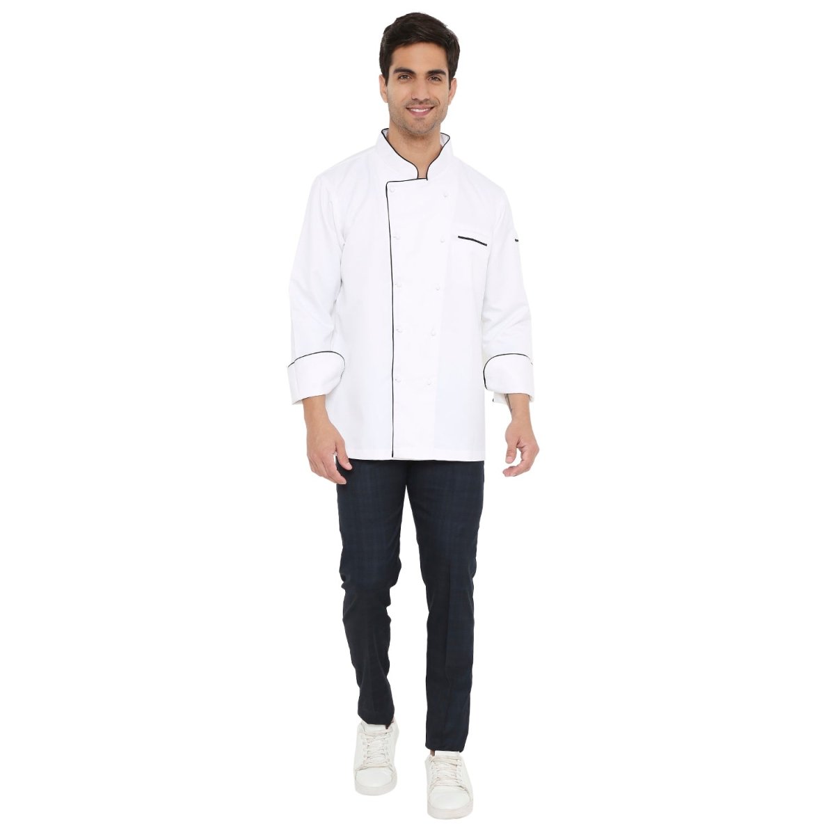 Classic Full Sleeve Chef Coat (White/Black) - Free Embroidery - Uwears®