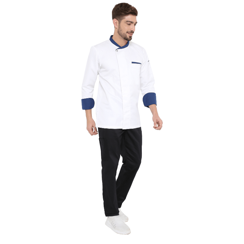 Classic Full Sleeve Chef Coat (White/Blue) - Free Embroidery - Uwears®