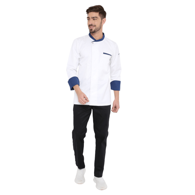 Classic Full Sleeve Chef Coat (White/Blue) - Free Embroidery - Uwears®