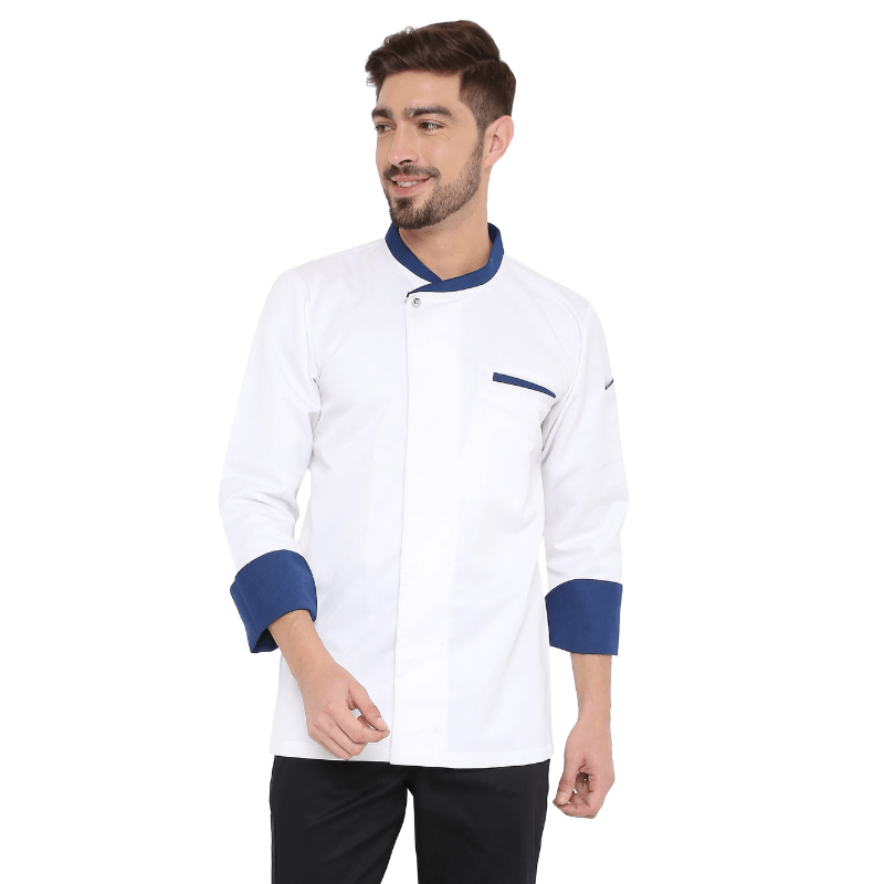 Classic Full Sleeve Chef Coat (White/Blue) - Free Embroidery - Uwears®