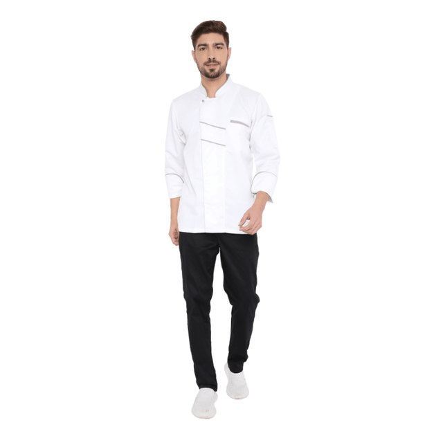 Classic Full Sleeve Chef Coat (White/Grey) - Free Embroidery - Uwears®