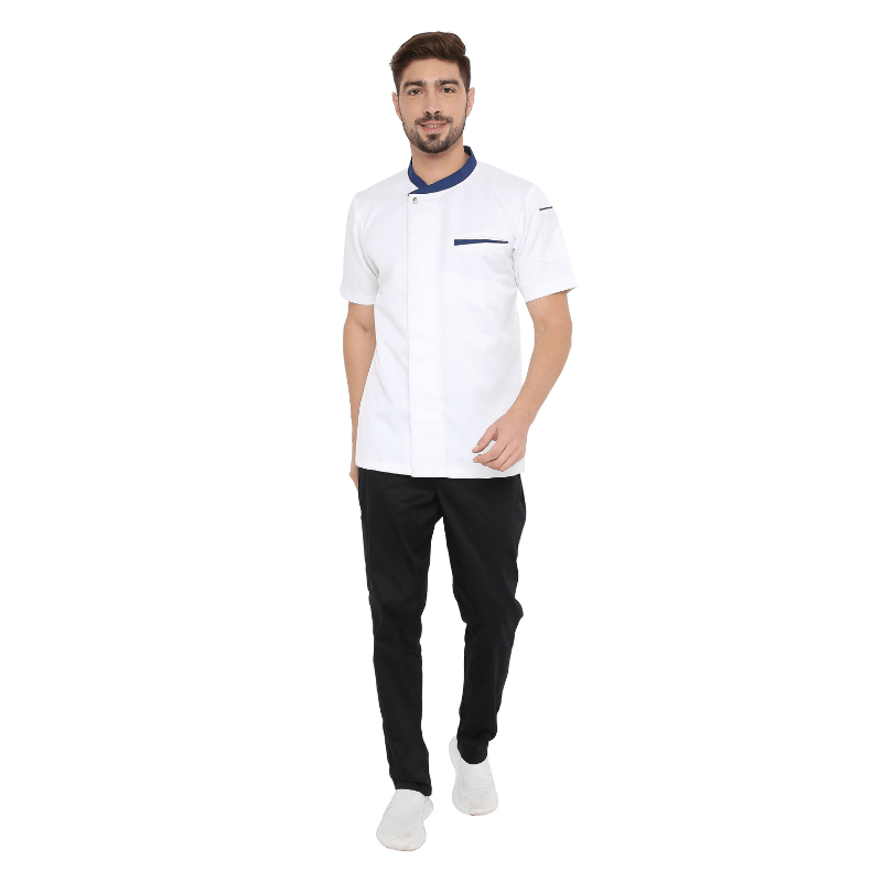 Classic Half Sleeve Chef Coat (White/Blue) - Free Embroidery - Uwears®