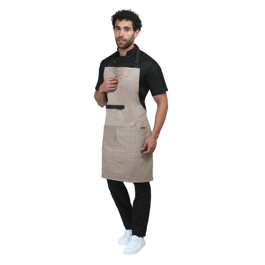 Beige apron back view showing waist tie