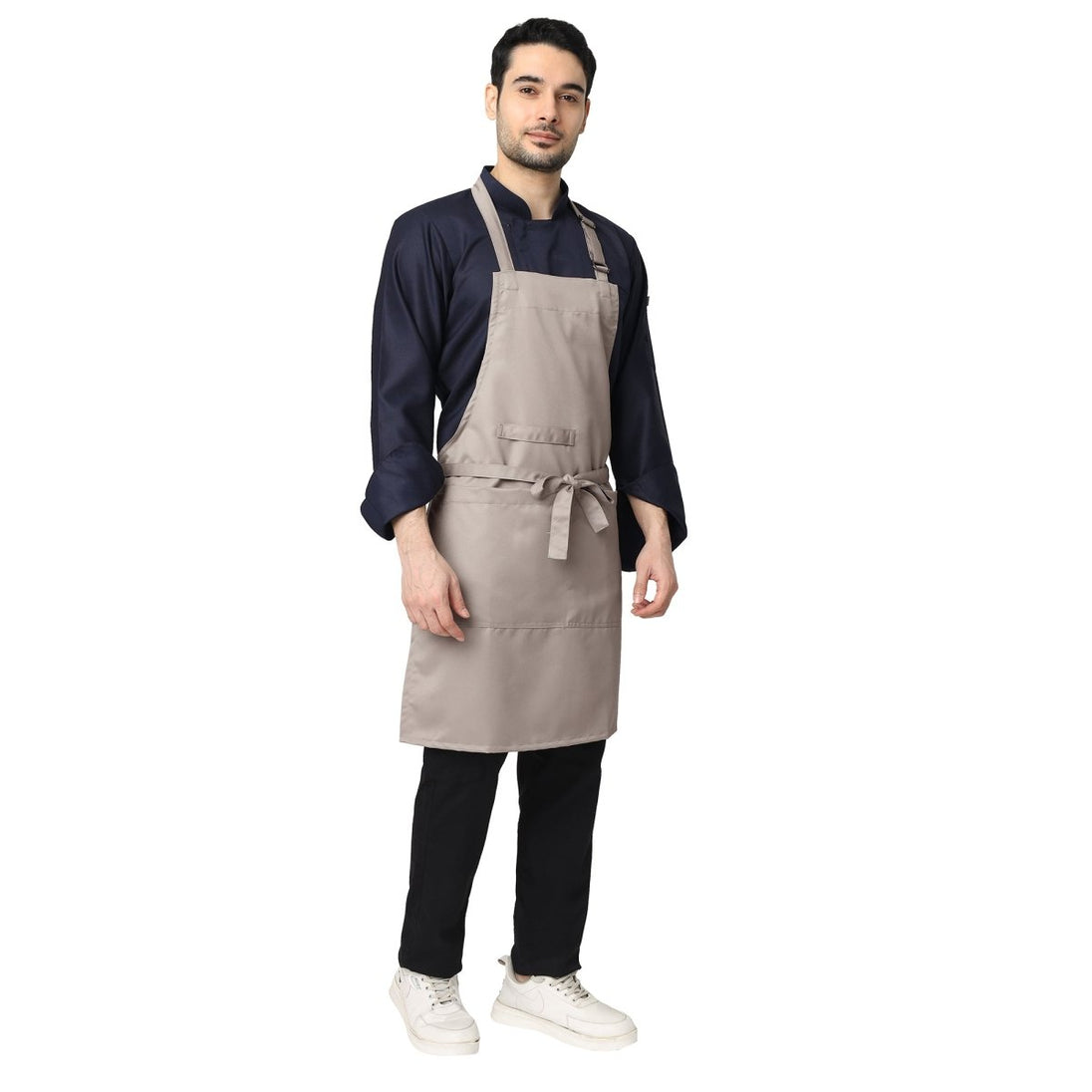 Sand beige apron back view showing waist tie