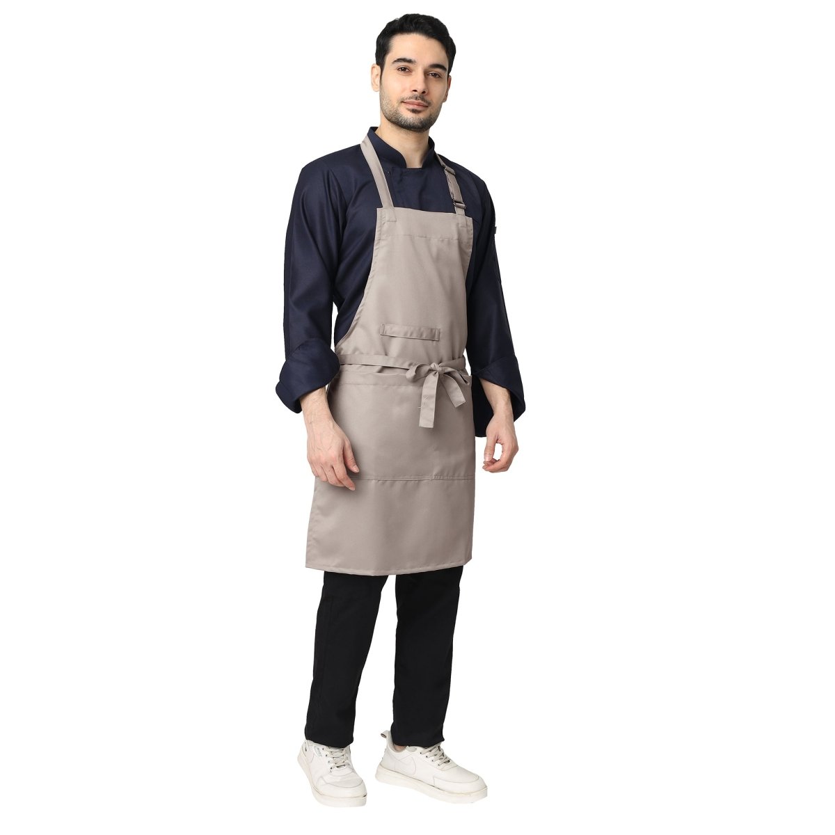 Sand beige apron back view showing waist tie